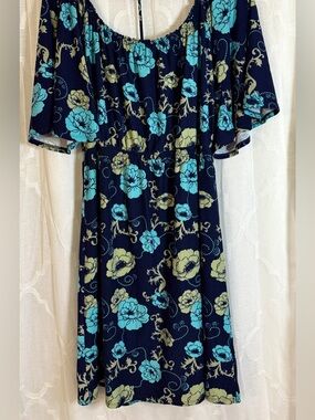 Allison Brittney Navy Floral Off Shoulder Dress Teal Blue Boho | Size Large